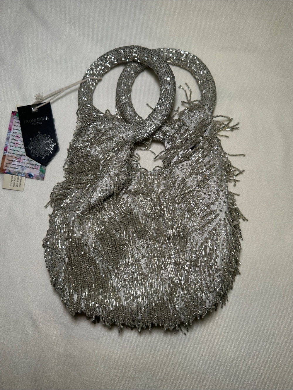 NWT From India To You Silver Fringe Hand Beaded Evening Bag Artisan Mini Purse
